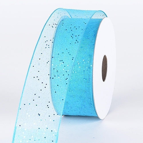 Turquoise - Organza Ribbon With Glitters Wired Edge - ( W: 5/8 Inch | L: 25 Yards )