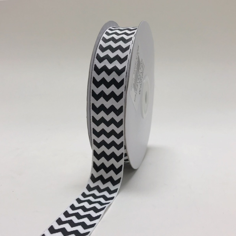 White Black - Chevron Design Grosgrain Ribbon ( 7/8 Inch | 25 Yards )