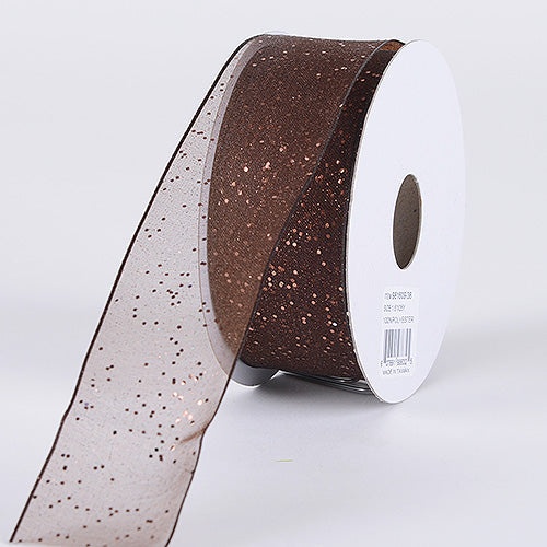 Chocolate - Organza Ribbon With Glitters Wired Edge - ( W: 5/8 Inch | L: 25 Yards )