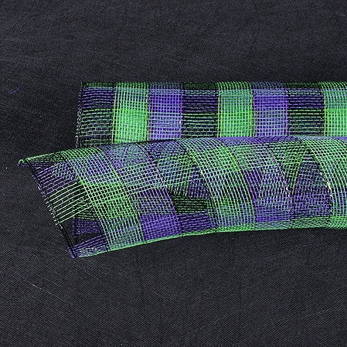 Green Black Purple - Poly Deco Mesh With Laser Mono Stripe - ( 10 Inch X 10 Yards )