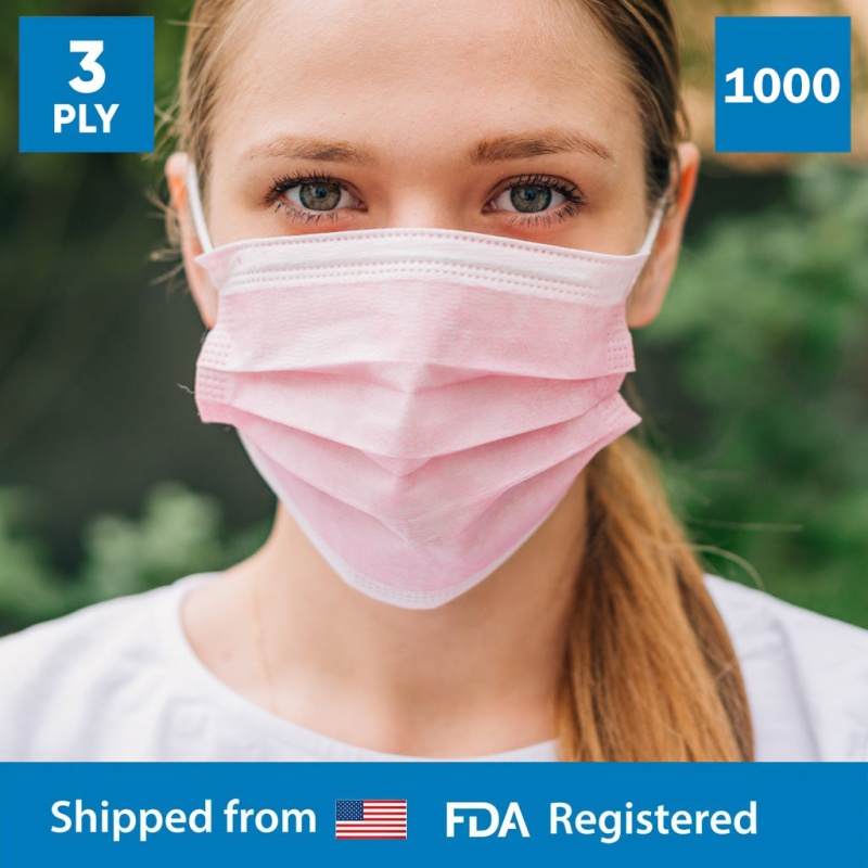 3-Ply Disposable Protective Pink Face Mask - 20 Boxes - 1000 Masks