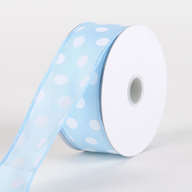 Satin Polka Dot Ribbon Wired Light Blue With White Dots ( W: 1 - 1/2 Inch | L: 10 Yards )