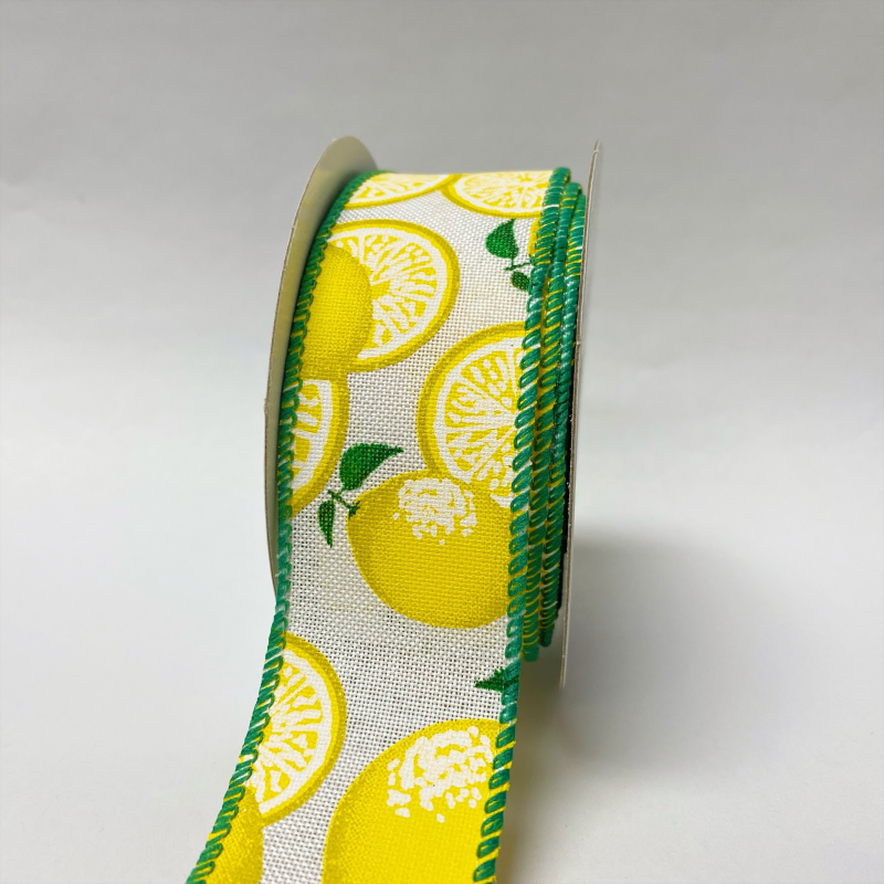 White Linen Lemons Green Edge Ribbon - 1-1/2 Inch X 10 Yards
