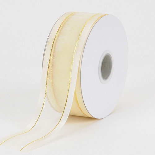 Organza Ribbon Two Striped Satin Edge Ivory With Gold Edge ( 7/8 Inch | 25 Yards )
