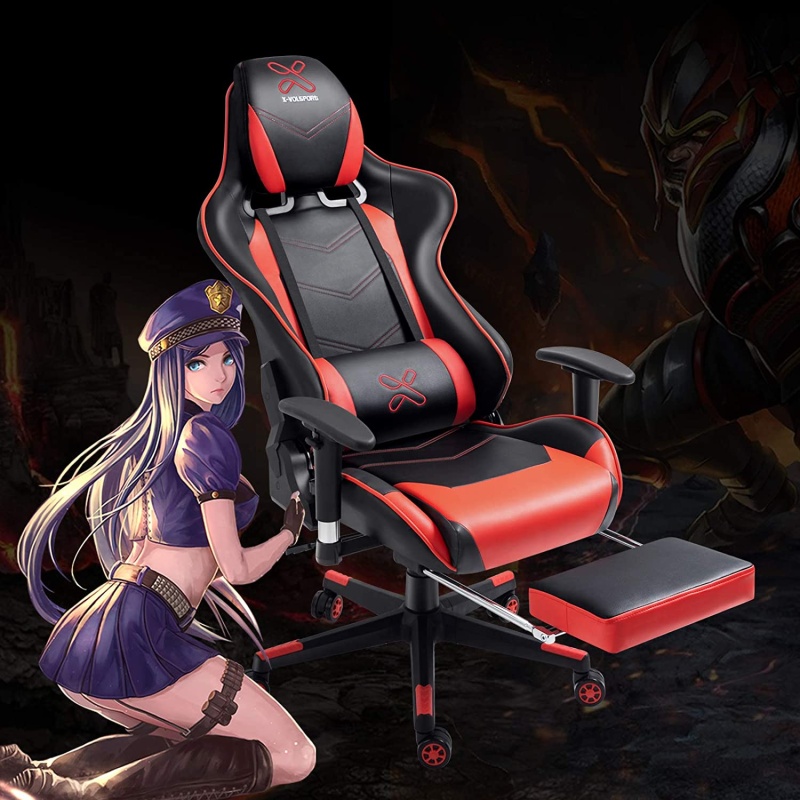 X-Volsport Gaming Chair Office High Back Chair With Footrest, Racing Style Pu Leather Ergonomic Computer Video Game Chair With Headrest And Lumbar Massage - Red