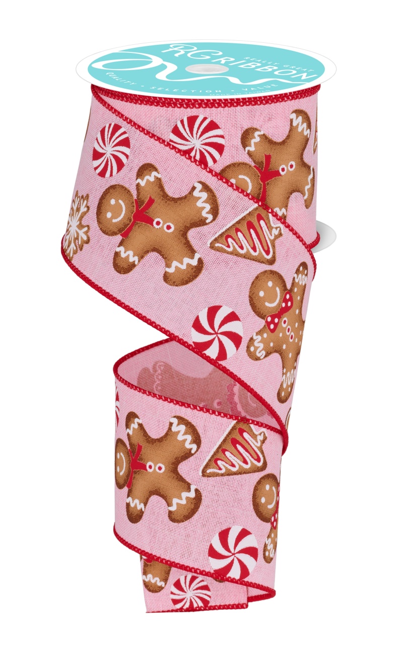 2.5 Inch X 10 Yards Gingerbread Ribbon - Light Pink/Red/Brown