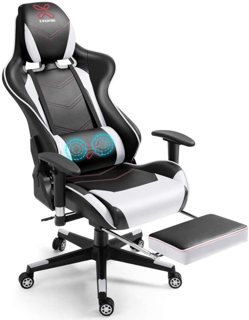 X-Volsport Gaming Chair Office High Back Chair With Footrest, Racing Style Pu Leather Ergonomic Computer Video Game Chair With Headrest And Lumbar Massage - White