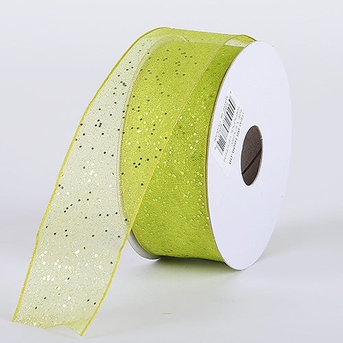 Apple - Organza Ribbon With Glitters Wired Edge - ( W: 1 - 1/2 Inch | L: 25 Yards )