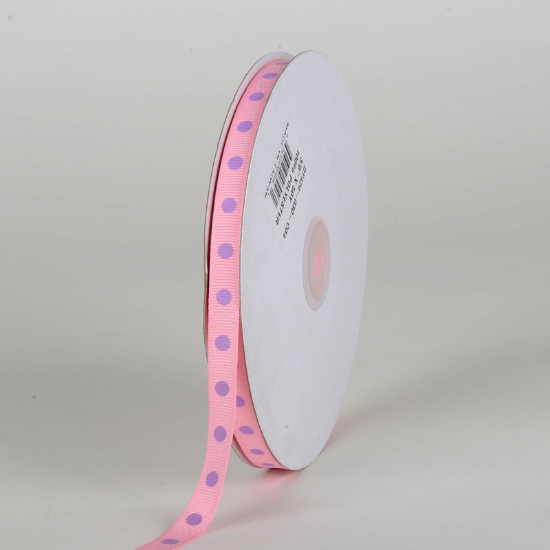 Grosgrain Ribbon Polka Dot Pink With Lavender Dots ( W: 3/8 Inch | L: 50 Yards )