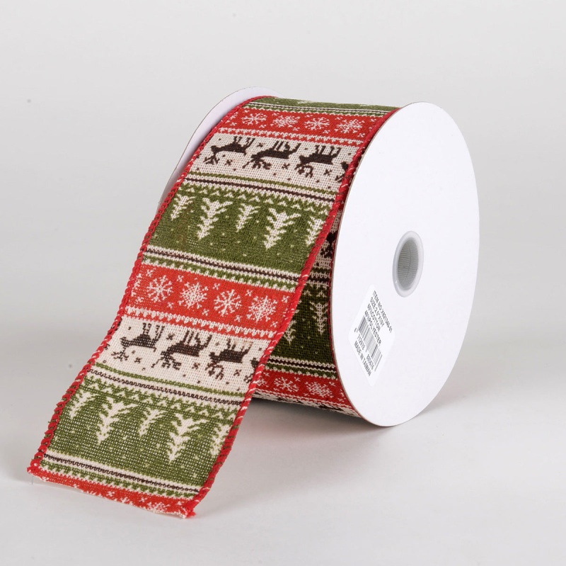 Red Green Linen Deer Tree Snowflakes Ribbon- 2.5 Inch X 10 Yards -