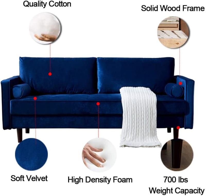 Modern Velvet Sofa Couch With 2 Cylindrical Pillows, Mid-Century Loveseat Contemporary Sofas For Living Room And Bedroom (Blue)