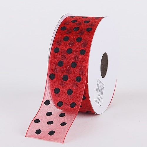 Red With Black - Organza Polka Dot Ribbon - (W: 1 - 1/2 Inch | L: 25 Yards)