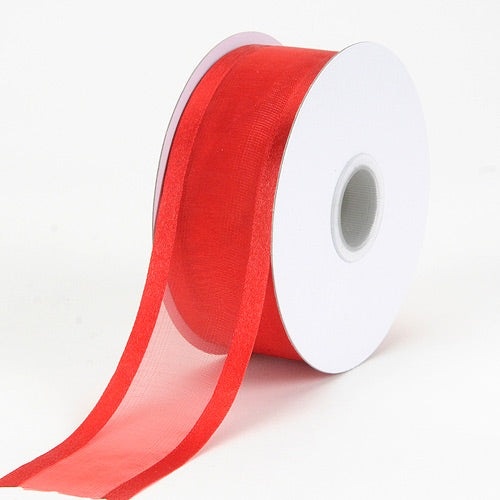 Red - Organza Ribbon Two Striped Satin Edge - ( 1 - 1/2 Inch | 25 Yards )