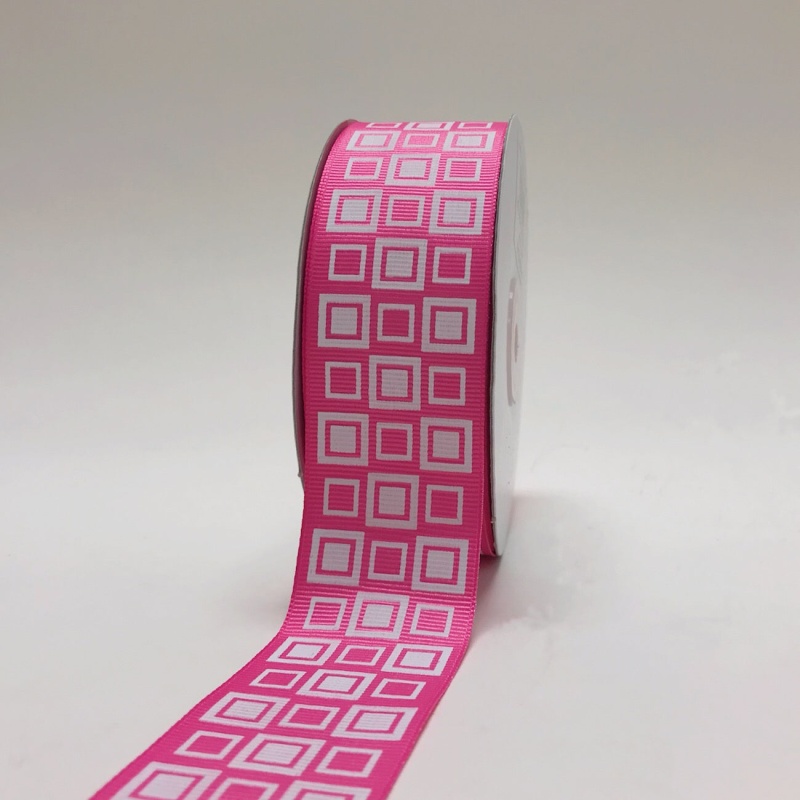 Hot Pink - Square Design Grosgrain Ribbon ( 1 - 1/2 Inch | 25 Yards )