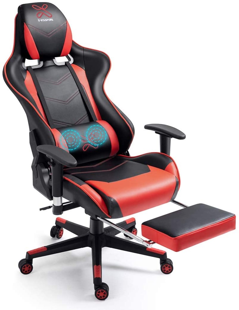 X-Volsport Gaming Chair Office High Back Chair With Footrest, Racing Style Pu Leather Ergonomic Computer Video Game Chair With Headrest And Lumbar Massage - Red