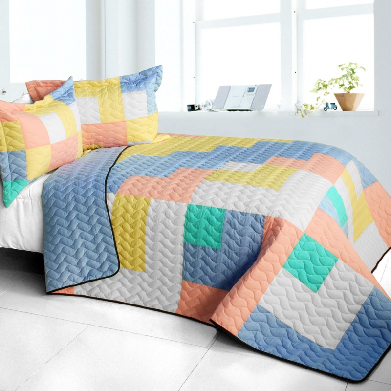 3Pc Vermicelli - Quilted Patchwork Quilt Set - Macaron Relish