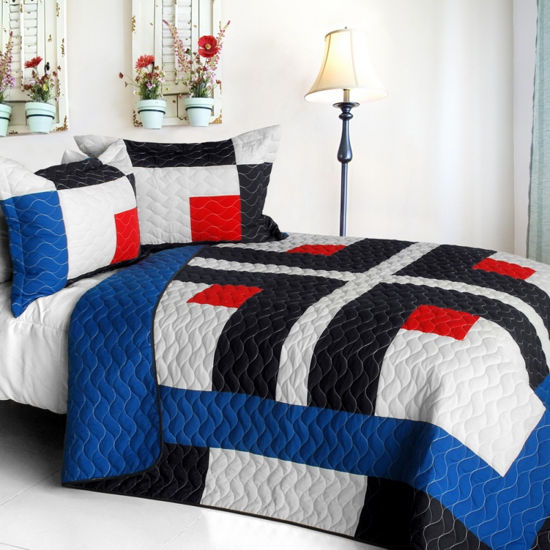 Vermicelli-Quilted Patchwork Geometric Quilt Set Full - Ending