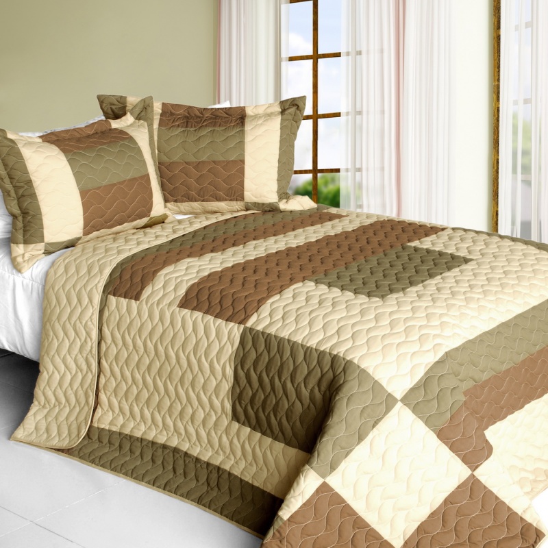 3Pc Vermicelli - Quilted Patchwork Quilt Set - Solid Serenade