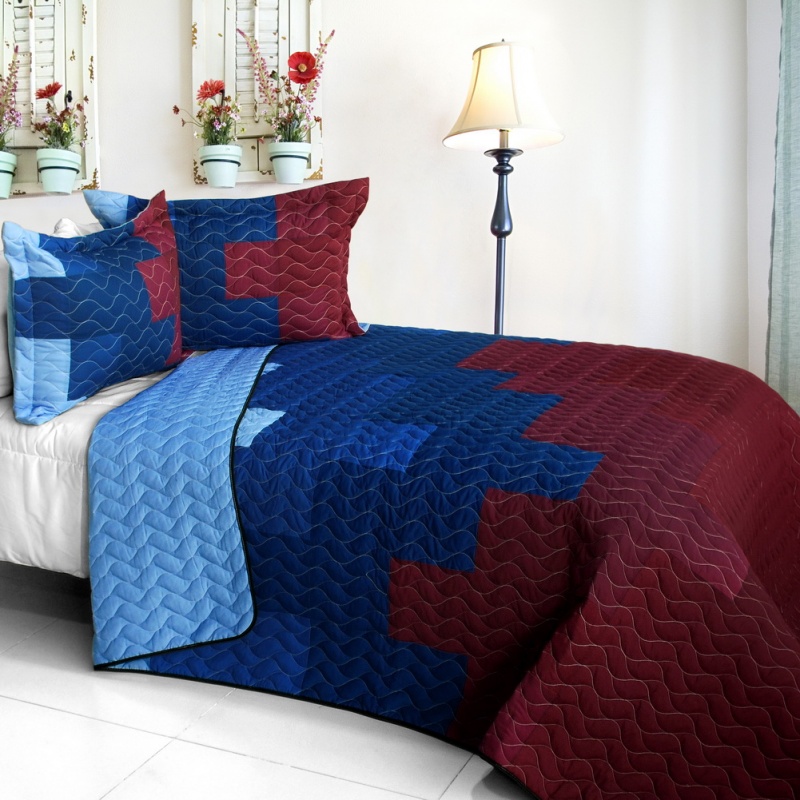 3Pc Vermicelli - Quilted Patchwork Quilt Set - Fire & Ice