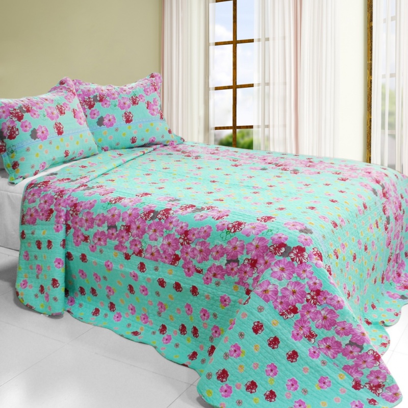 3Pc Cotton Vermicelli-Quilted Printed Quilt Set - Flora River