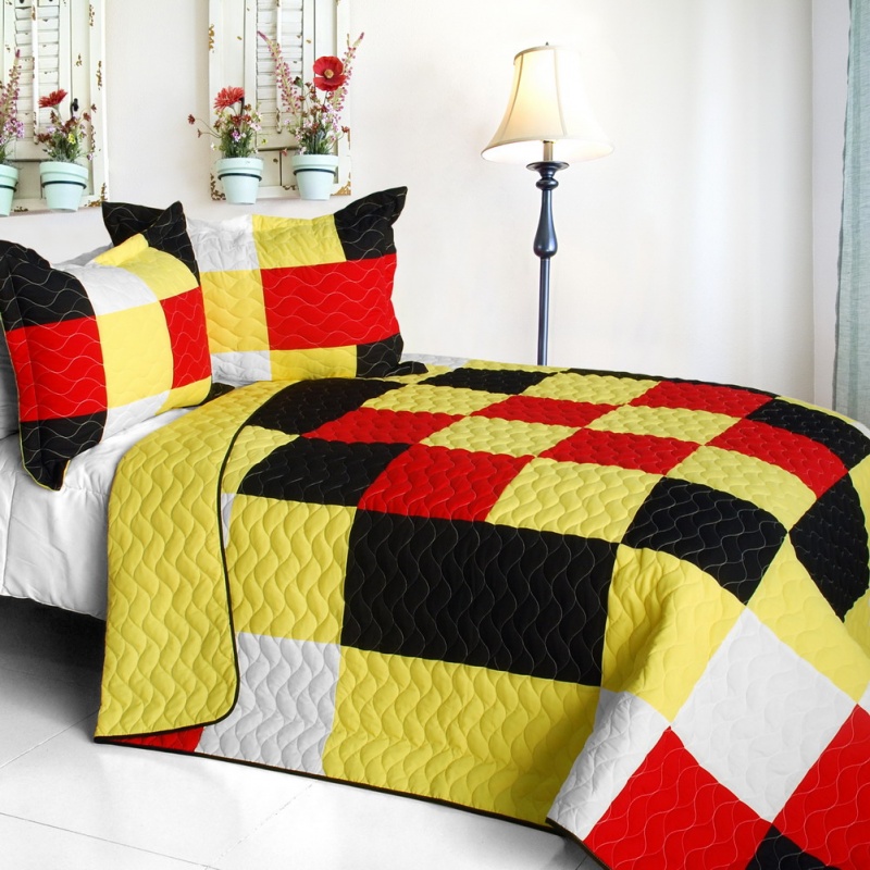 Vermicelli-Quilted Patchwork Plaid Quilt Set Full - Rattlebush