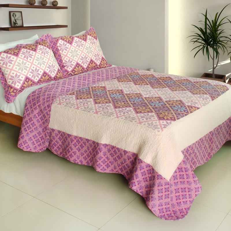 100% Cotton 3Pc Vermicelli-Quilted Patchwork Quilt Set - Lucky Ring