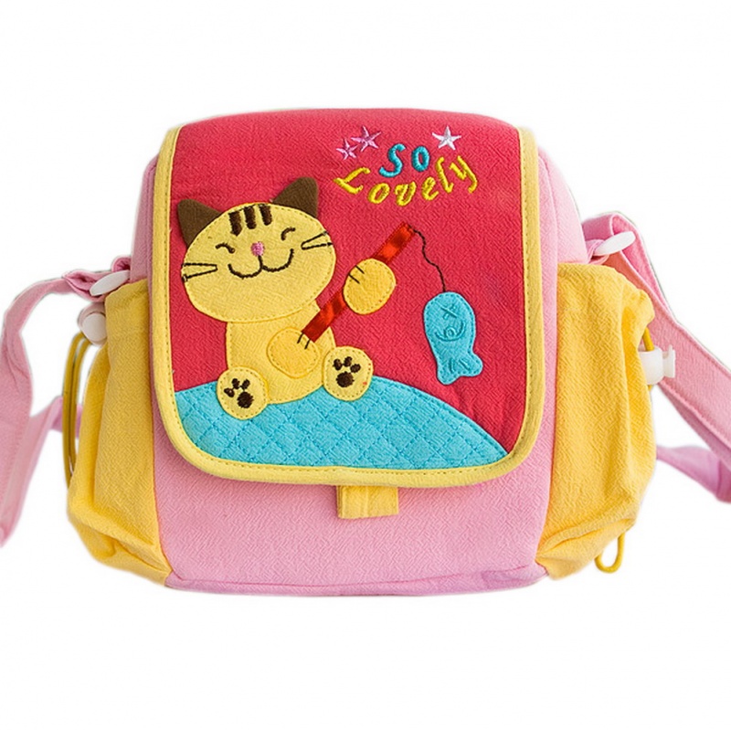 Embroidered Applique Kids Kitty Shoulder Bag / Swingpack - Kitty Loves Fish
