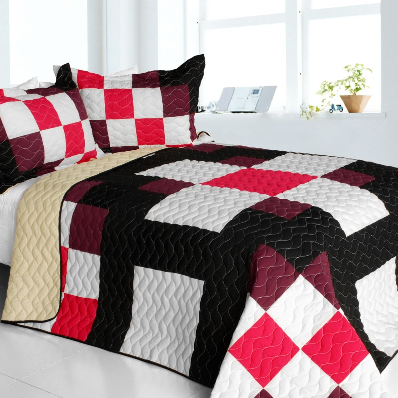3Pc Vermicelli-Quilted Patchwork Quilt Set - Romantic Girl