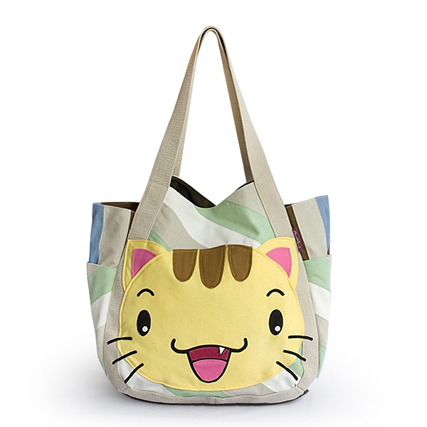 Hand-Appliqued 100% Cotton Fabric Art Shoulder Tote Bag - Kitty Meow