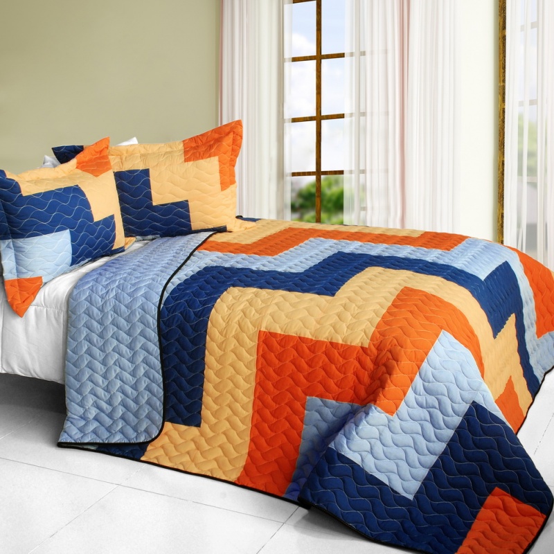 Brand New Vermicelli-Quilted Patchwork Quilt Set Full - Colorful Wave
