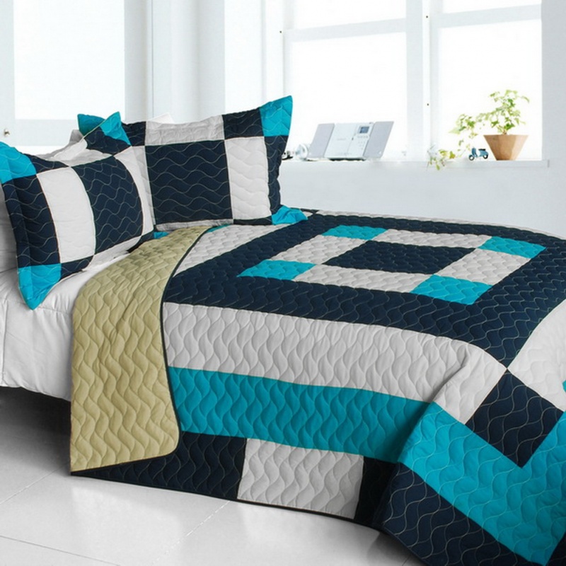 3Pc Vermicelli-Quilted Patchwork Quilt Set - Sea Center