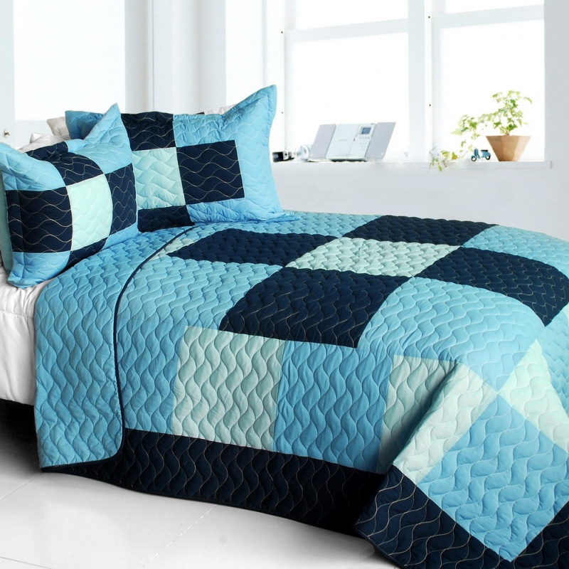 Vermicelli-Quilted Patchwork Plaid Quilt Set Full - The Game