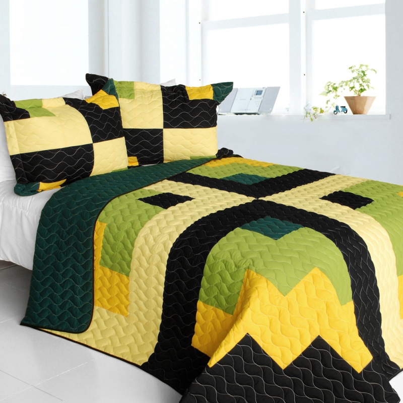 3Pc Vermicelli-Quilted Patchwork Quilt Set - Lucky Break