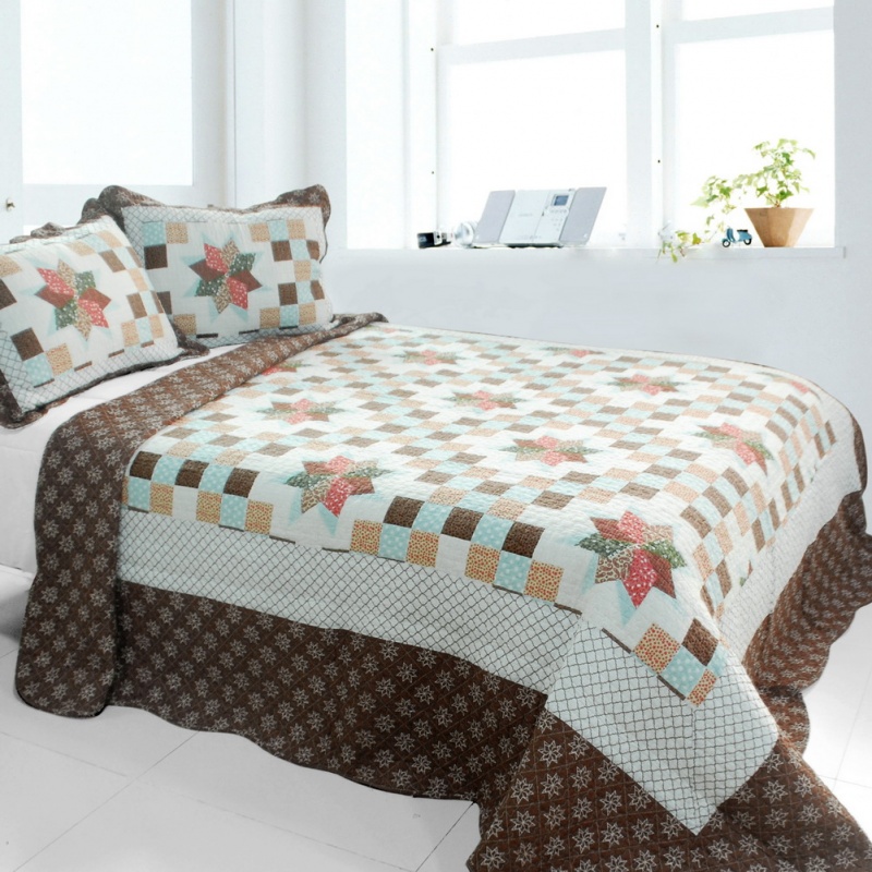 3Pc Cotton Vermicelli-Quilted Printed Quilt Set - Melt The Snow