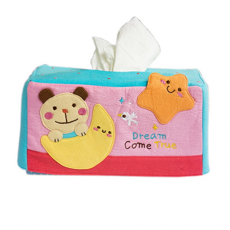 Embroidered Applique Fabric Art Tissue Box Cover Holder - Bear & Moon