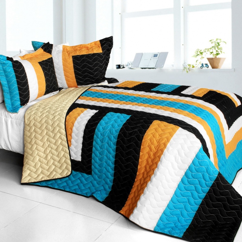 3Pc Vermicelli - Quilted Patchwork Quilt Set - Drive Till Dawn