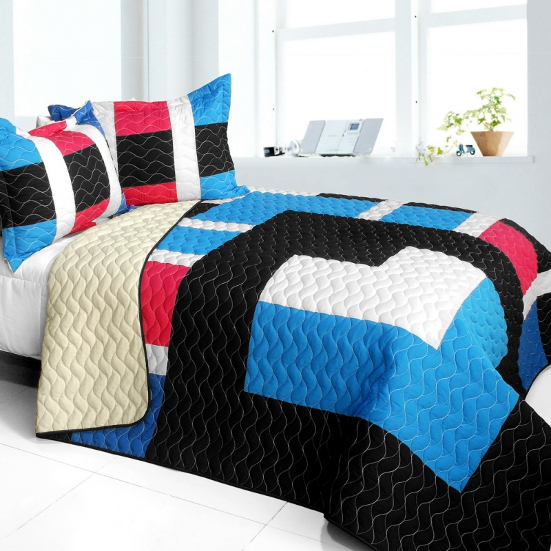 3Pc Vermicelli - Quilted Patchwork Quilt Set - Pondweed