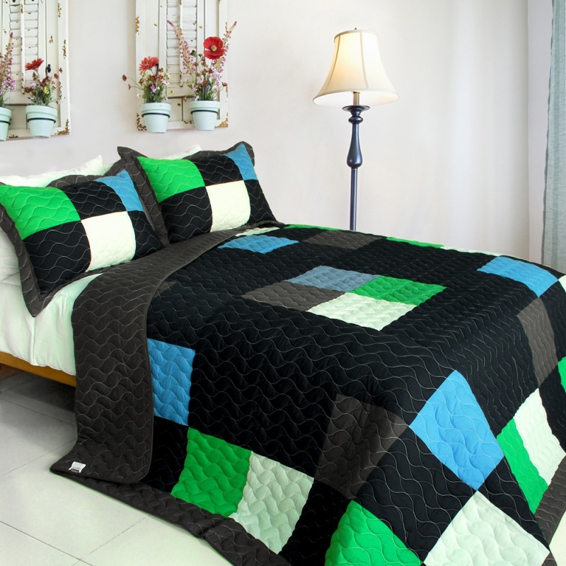Vermicelli-Quilted Patchwork Plaid Quilt Set Twin - Fatal Attraction-2