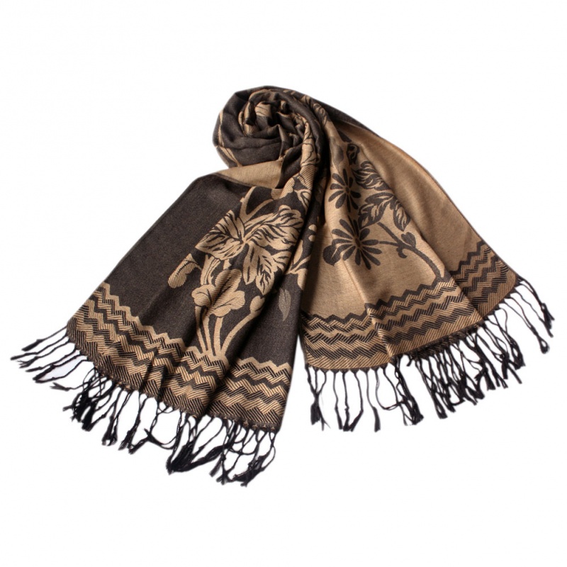 Khaki Peony Flowers Woven Pashmina Shawl