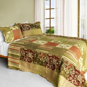 Cotton 3Pc Vermicelli-Quilted Striped Patchwork Quilt Set - Ladyhood