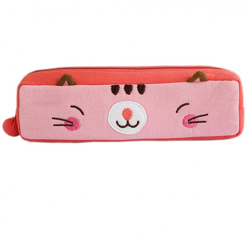 Embroidered Applique Pencil Pouch Bag / Cosmetic Bag - Pinky Kitten