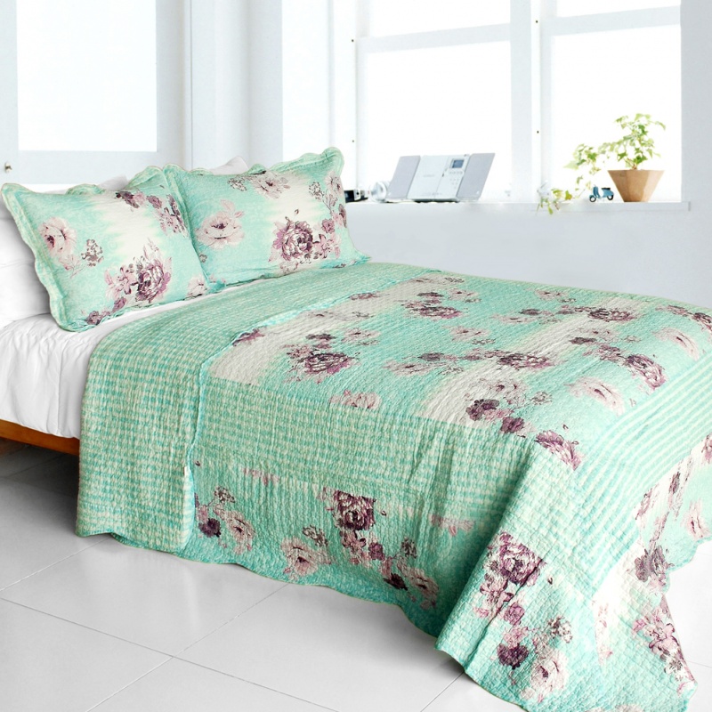 Cotton 3Pc Vermicelli-Quilted Floral Patchwork Quilt Set - Rural Sky