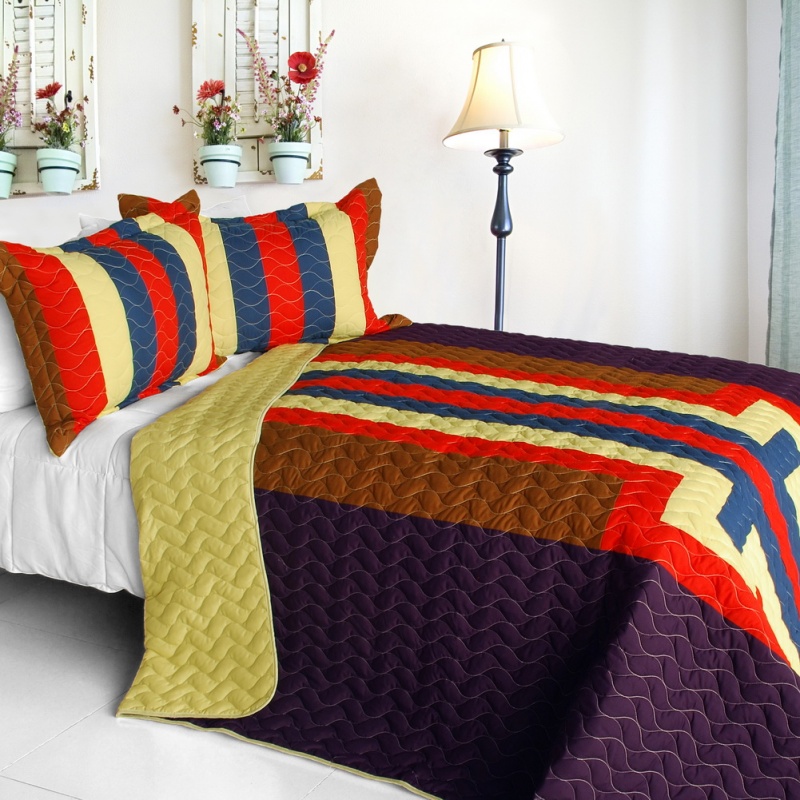 3Pc Vermicelli-Quilted Patchwork Quilt Set - Bubbly Night