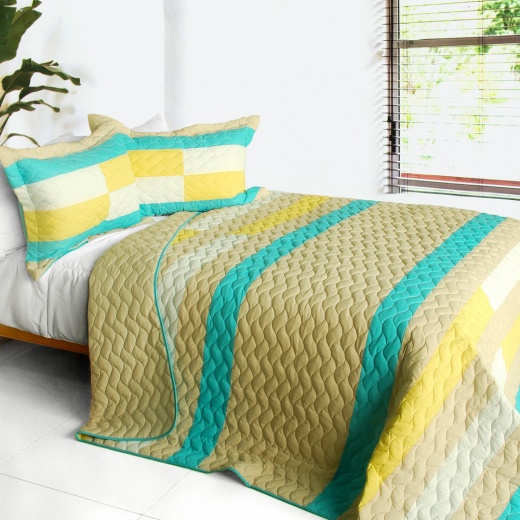 Blancho Bedding 3PC Vermicelli-Quilted Patchwork Quilt Set - Yellow, Queen