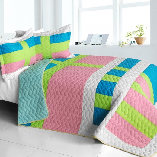 Vermicelli-Quilted Patchwork Geometric Quilt Set Full - Lollipops