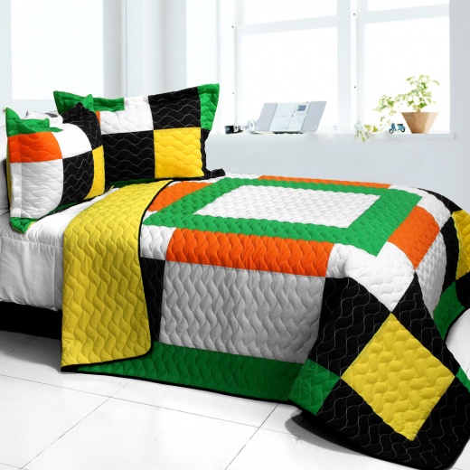 3Pc Vermicelli Quilted Patchwork Quilt Set - Flowing Light