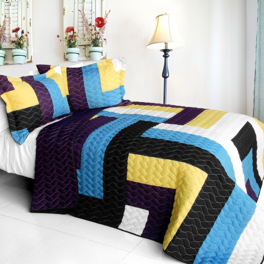 3Pc Vermicelli Quilted Patchwork Quilt Set - Colors Quartet