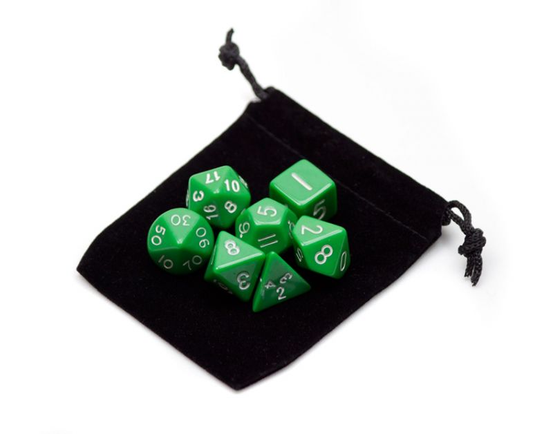 7 Die Polyhedral Dice Set In Velvet Pouch- Opaque Green