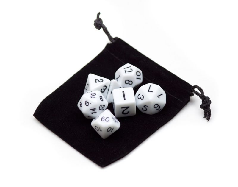 7 Die Polyhedral Dice Set In Velvet Pouch- Opaque White