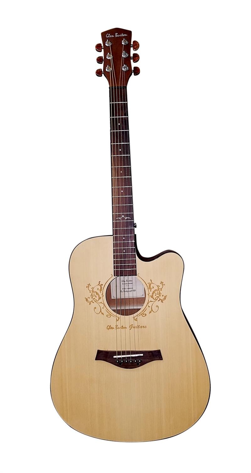 Glen Burton Deluxe Cutaway Dreadnought Acoustic Guitar With Laser Flower Etching Satin Natural